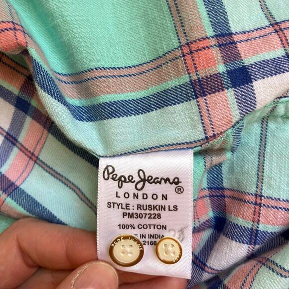 Pepe Jeans Mens Ruskin Twill Plaid Casual Button Down Shirt Slim Fit Mint Green - Picture 15 of 16